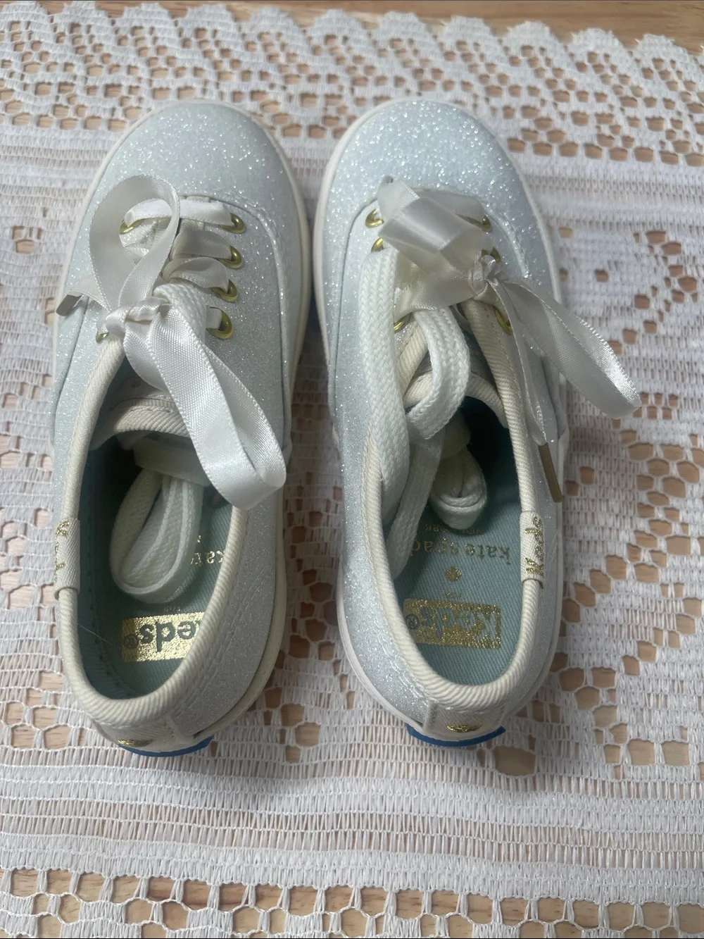 kate spade Kids' Glitter Ribbon Lace Sneakers in Cream